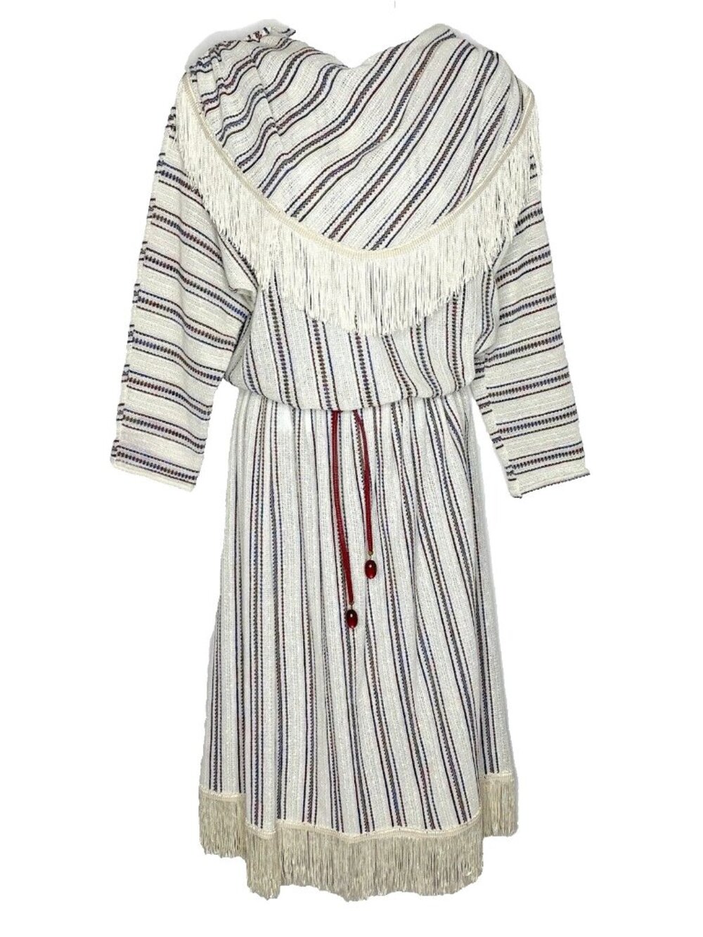Vintage 80s Avon Fashions Western Fringe Dress Size M Ivory Striped Woven Belted